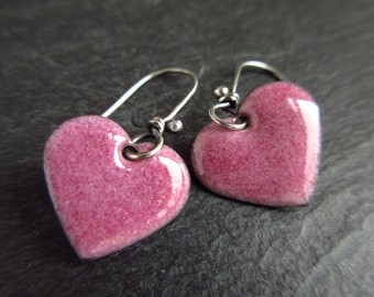 Pink enamel heart earrings with sterling silver earwires, romantic jewelry for women, Mother's day gift, for wife and girlfriend