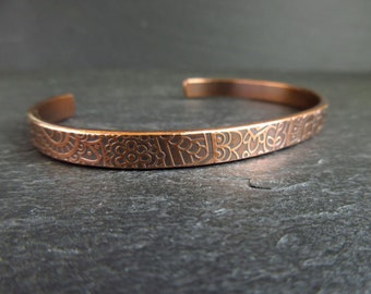 Patterned copper cuff bracelet for men and women, engraved message, ladies men's cuff, copper wedding anniversary gift for husband and wife
