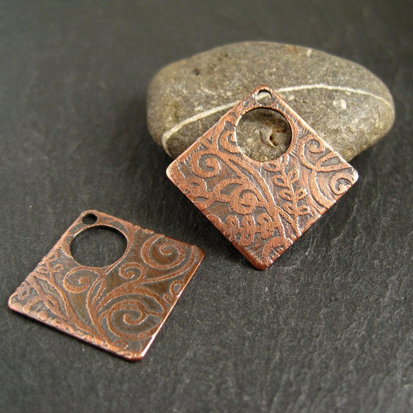 Etched Copper Findings, copper diamonds, oxidized findings, handmade jewelry supplies