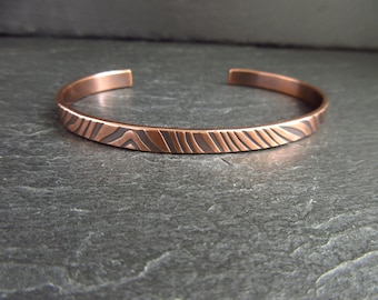 Copper cuff bracelet with wavy line texture, open bangle, copper wedding anniversary gift for husband wife, personalised, engraved message