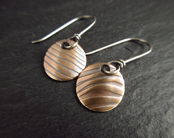 Real bronze earrings, curved disc shape with embossed line pattern, sterling silver earwires, 8th 19th wedding anniversary gift for wife