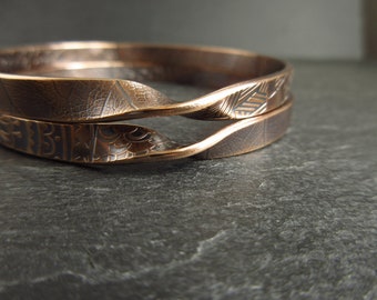 Twisted real bronze bangles with two different embossed patterns, mobius style bracelets for women, 8th wedding anniversary gift for wife