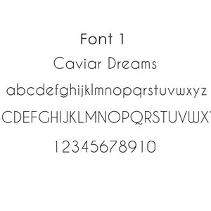 example of font caviar dreams available to add as engraving to cuff bangle. Black text on white background.