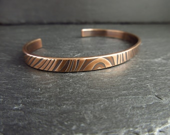 Bronze cuff bracelet with wavy line pattern, open bangle, bronze wedding anniversary gift for husband wife, personalised engraved message