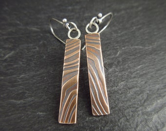 Real bronze earrings with line surface texture, long oblong shape, silver earwires, 8th wedding anniversary gift for wife, ladies jewelry