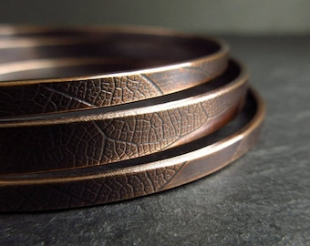 Bronze bangles set for women, wedding anniversary gift for wife, set of three bracelets with leaf pattern, 8th and 19th anniversary present