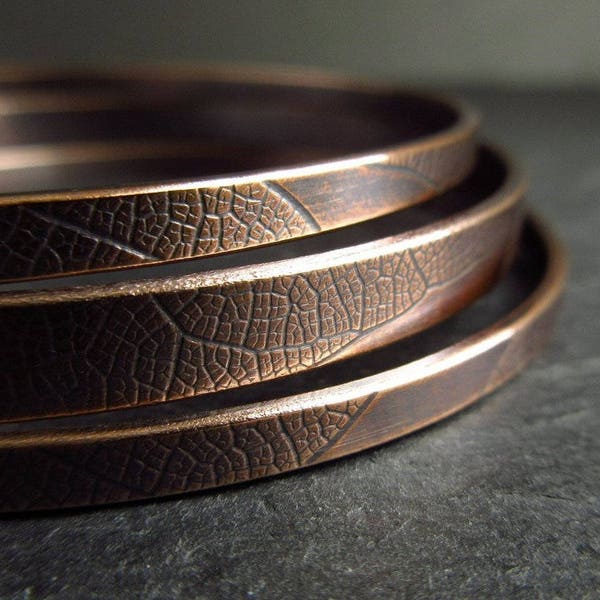 Bronze bangles set for women, wedding anniversary gift for wife, set of three bracelets with leaf pattern, 8th and 19th anniversary present