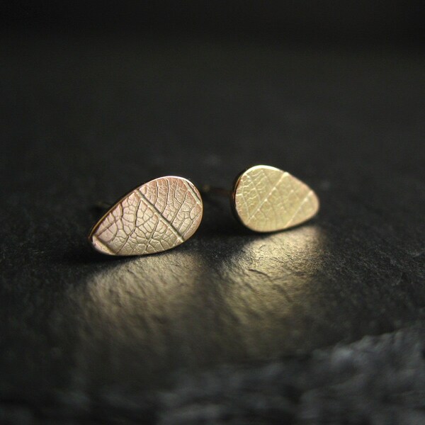 Gold Teardrop Earrings with Leaf Vein Texture, 9ct yellow gold studs, textured gold earrings, drop shape gold stud earrings
