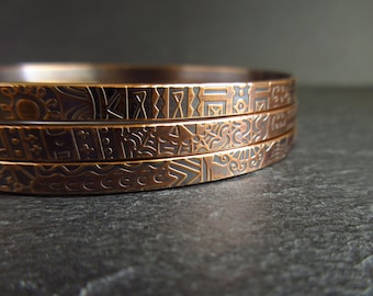 Set of three bronze bangles with pattern detail, bronze wedding anniversary gift for wife, 8th 19th anniversary bracelets, women's jewelry