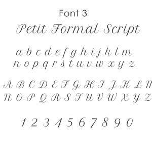Petit Formal font example in lower and upper case alphabet and numbers 1 to 0. Black text on white background.