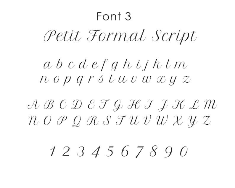Petit Formal font example in lower and upper case alphabet and numbers 1 to 0. Black text on white background.