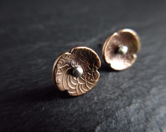 Bronze flower stud earrings, swirly doodle pattern studs, 8th 19th wedding anniversary gift for wife, romantic birthday present