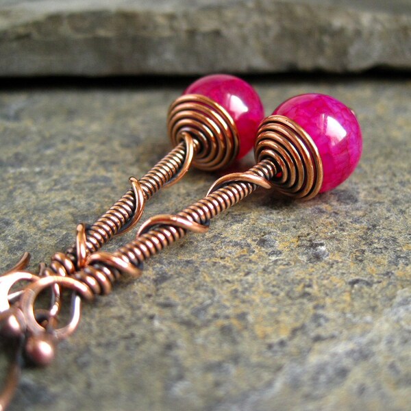 Copper Earrings Copper Beaded Earrings Wire Work Pink Agate Copper Earrings