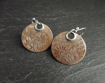 Real bronze disc earrings, doodle flower and swirl pattern, sterling silver earwires, 8th wedding anniversary gift for wife, ladies jewelry