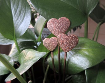 Real bronze heart shape plant pot ornaments, set of three, 8th 19th wedding anniversary gift for plant lovers, decorative metal stakes