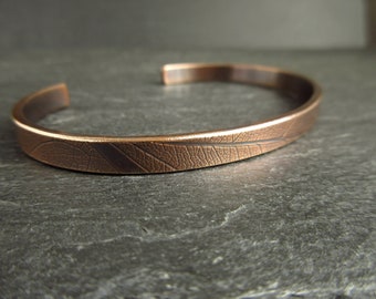 Bronze cuff bracelet with leaf vein texture, open bangle, bronze wedding anniversary gift for husband wife, personalised engraved message