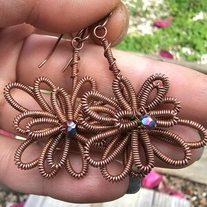Handmade Twisted Floral Earrings in Raw Copper Wire w/ Dark Red Faceted Glass Beads - Lightweight Dangle Jewelry, Daffodil&#39;s Delight