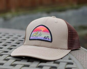 Sunset Trout Fly Fishing Trucker Hat Outdoor "NWFL" Adventure Cap with Mesh Back