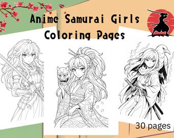 Può includere: Pagine da colorare in bianco e nero con ragazze samurai anime. Le pagine mostrano illustrazioni dettagliate di personaggi femminili con spade, armature e abiti tradizionali giapponesi. Il testo "Anime Samurai Girls Coloring Pages" è visibile.