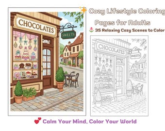 Páginas para colorear de estilos de vida acogedores para adultos / Fachadas de tiendas, cafeterías, panaderías, teterías y postres relajantes y acogedoras / Libro para colorear imprimible en PDF