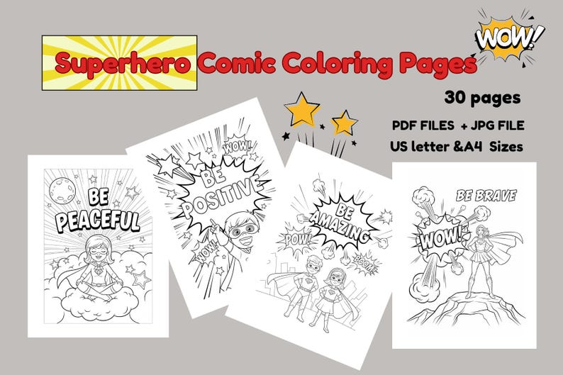 Superhero Comic Coloring Pages: 30 Positive Affirmation Sheets (PDF ...