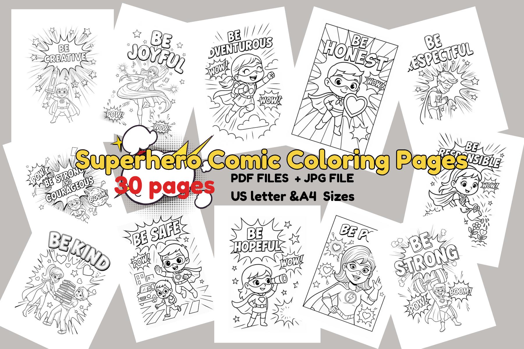 Superhero Comic Coloring Pages: 30 Positive Affirmation Sheets (PDF ...