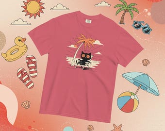 Comfort Colors® Psychedelic Cat Shirt, Trippy Beach Cat Shirt, Retro Black Cat Shirt, Weird Core Graphic Tee, Funny Cat Shirt, Summer Shirt