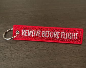 Remove Before Flight Rhinestone Aviation Keychain Red