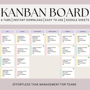 May include: A Kanban board template for Google Sheets with six tabs: Ideas, Planning, Content Creation, Review & Approval, Scheduled, and Live/Running. The board is designed for effortless task management for teams.