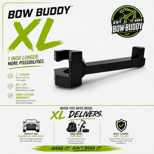 Bow Buddy PRO XL - Twist-On Headrest Bow and Gear Hanger – (Not 3D Printed) Injection Molded  | Made in USA | Lifetime Warranty