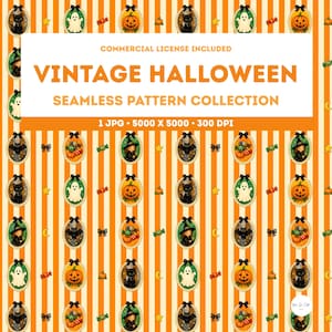 Può includere: Una collezione di motivi digitali senza cuciture con strisce verticali arancioni e crema, con cammei ovali contenenti illustrazioni di Halloween di fantasmi, gatti neri, zucche, pipistrelli e streghe, con il testo VINTAGE HALLOWEEN.