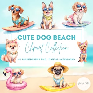 May include: A digital clipart collection featuring watercolor illustrations of cute dogs at the beach. The dogs are wearing sunglasses, floral accessories, and beach attire. The text reads "Cute Dog Beach Clipart Collection" and "41 Transparent PNG - Digital Download."