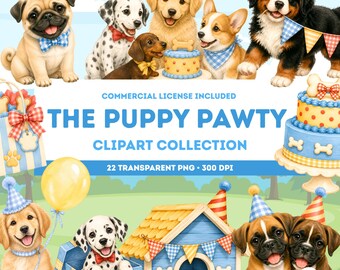 May include: A digital illustration set featuring various puppies in party hats, birthday cakes, gift boxes, and a dog house. The text reads: COMMERCIAL LICENSE INCLUDED THE PUPPY PAWTY CLIPART COLLECTION 22 TRANSPARENT PNG 300 DPI. The art is colorful.
