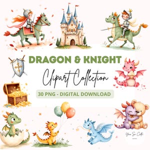 May include: A digital clipart collection featuring watercolor illustrations of knights on green dragons, a castle, a shield with swords, a treasure chest, and various colorful dragons, including one with a teddy bear and one with balloons.