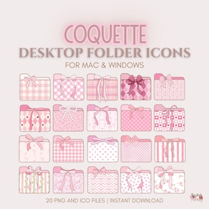 May include: A collection of pink desktop folder icons, each adorned with a bow. The image displays 20 PNG and ICO files, designed for Mac and Windows. The word "COQUETTE" is at the top, with "DESKTOP FOLDER ICONS" below it.