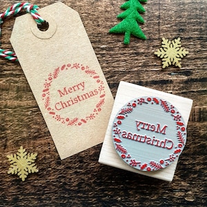 Merry Christmas Winter Wreath Rubber Stamp