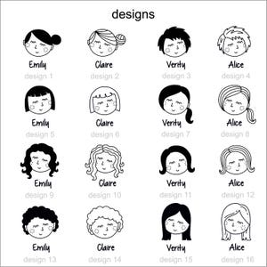 May include: A sheet of 16 black and white line art designs of female faces. Each design features a different hairstyle and facial expression. The designs are labeled with the names "Emily", "Claire", "Verity", and "Alice".