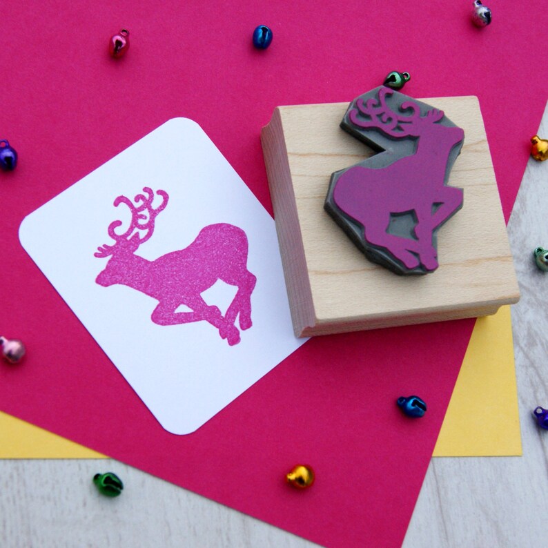 Flying Reindeer Rubber Stamp - 2" X 2" Wood Mount With Foam Cushion - View #2