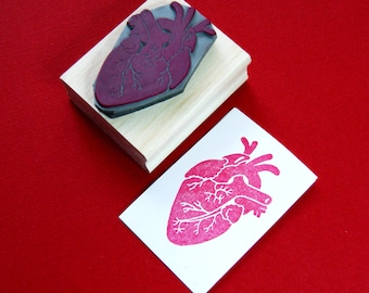 May include: A wooden stamp with a red anatomical heart design. The stamp is used to create a red heart print on a white card.