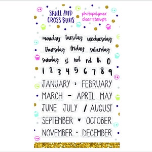 May include: A set of clear photopolymer stamps featuring a skull and crossbones design, days of the week, numbers, and months of the year. The stamps are on a white background with colourful accents.