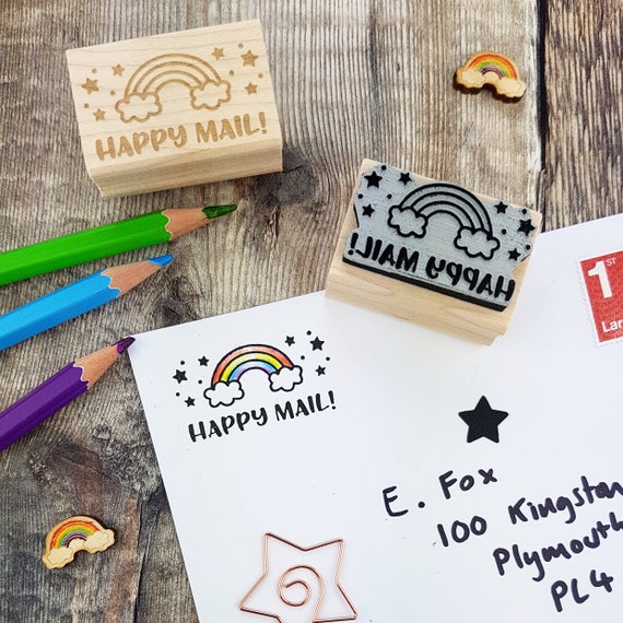 Rainbow Happy Mail Rubber Stamp Packaging Stamp Small Business Stamper Stationery  Supplies Happy Post Branding Envelope 