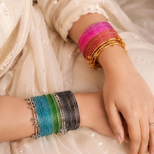 Kashmiri Glass Raindrop Bangles – Glitter Edge, Bell Bangles, Limited Collection | Full Churi Set with Gold or Silver Ghungroo Bangles