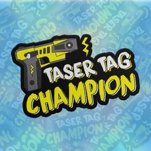 May include: Embroidered patch with the words "TASER TAG CHAMPION" in yellow and white on a black background. The patch features a yellow and gray taser gun design with lightning bolts. The background is a light blue with repeating text.