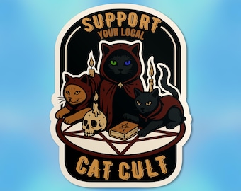 Local Support Your Local Cat Cult Sticker, Funny Wizard Cat, Cat Lover, Gothic Cat Waterproof Vinyl Stickers Die-cut Laptop Gifts