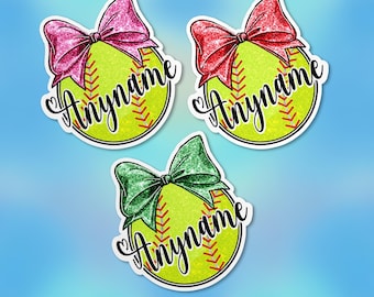 Custom Sports Name Sticker, Personalized Glitter Softball Mom Coquette Bow Name Vinyl Sticker Laptop Decal Water Bottle Gifts for Her Him