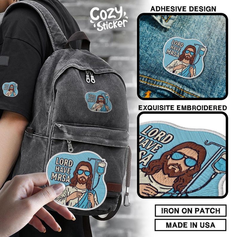 Puede incluir: Parches y pegatinas bordados con una imagen de dibujos animados de Jes&uacute;s con gafas de sol y un goteo intravenoso, con el texto "LORD HAVE MRSA". Los parches son para planchar y est&aacute;n hechos en los EE. UU.