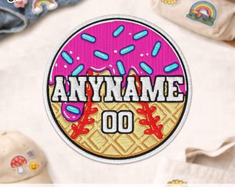 Parche personalizado con diseño de goteo de béisbol, parche personalizado con nombre de jugador de béisbol y softbol con diseño de goteo de helado para ropa, sombrero y mochila.