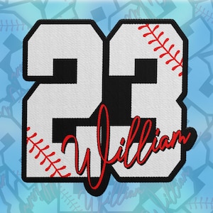 May include: White and black baseball jersey patch with the number 23 and the name "William" in red cursive lettering. The patch has a red baseball stitch design.