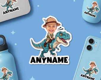 Custom Kid Riding Dinosaur Sticker, Personalized Dino with Kid’s Face With Name Waterproof Stickers for Laptop, Water Bottle, Her, Him, Kid
