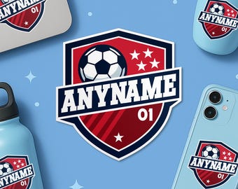 Custom Soccer Name Sticker, Personalized Name And Number Team Soccer Sport Player Waterproof Sticker for Laptop, Water Bottle, Gift, Helmet